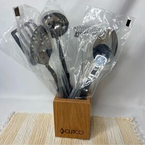VTG CUTCO 5 PIECE KITCHEN TOOL SET w/WOOD HOLDER NEW IN BAGS 2004 STAINLESS